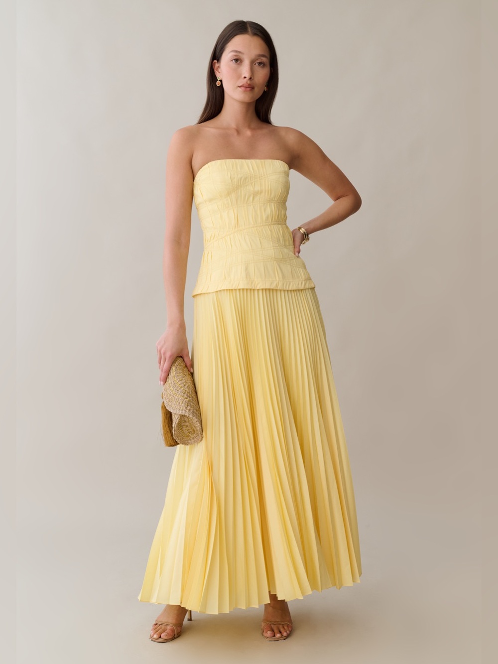 Few Moda o.p.t. Ada Strapless Pleated Maxi Dress in Pale Yellow